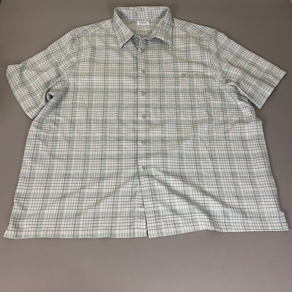 Haggar Cool 18 Tec Button Up Shirt Men's 4XL Short Sleeve Plaid Sage Green Gray